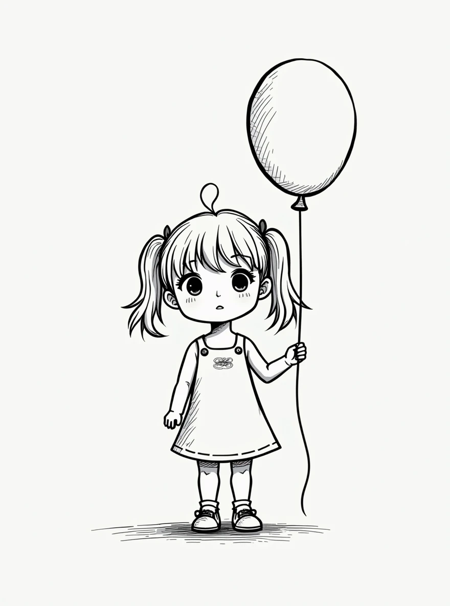 The illustration should be in [SUPER SIMPLE], black and white, cold line art with a clear, mostly empty background. [INCLUDES ONLY OUTLINES WITH NO FILLED IN BLACK AREAS], ensuring no shading, no complex images, and making it very easy to color in between the lines. A cute  with pigtails, wearing a simple dress and holding a balloon in one hand.
