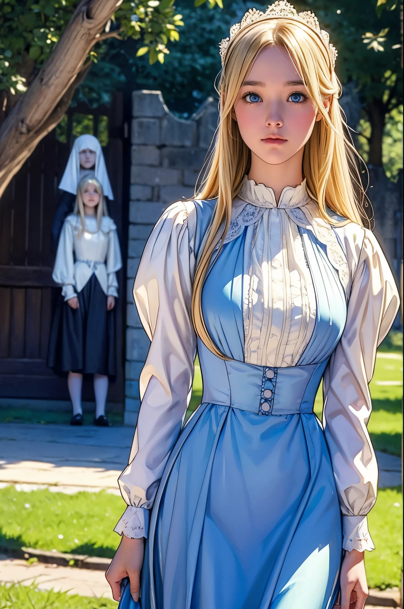 Virginia Otis, 13 years old (Blonde, blue eyes), Large Breasts, thin, Cute Face, An evening stroll at Canterville Castle (novel「ghost of canterville」Inspired by). 1887, Victorian Dark Fantasy