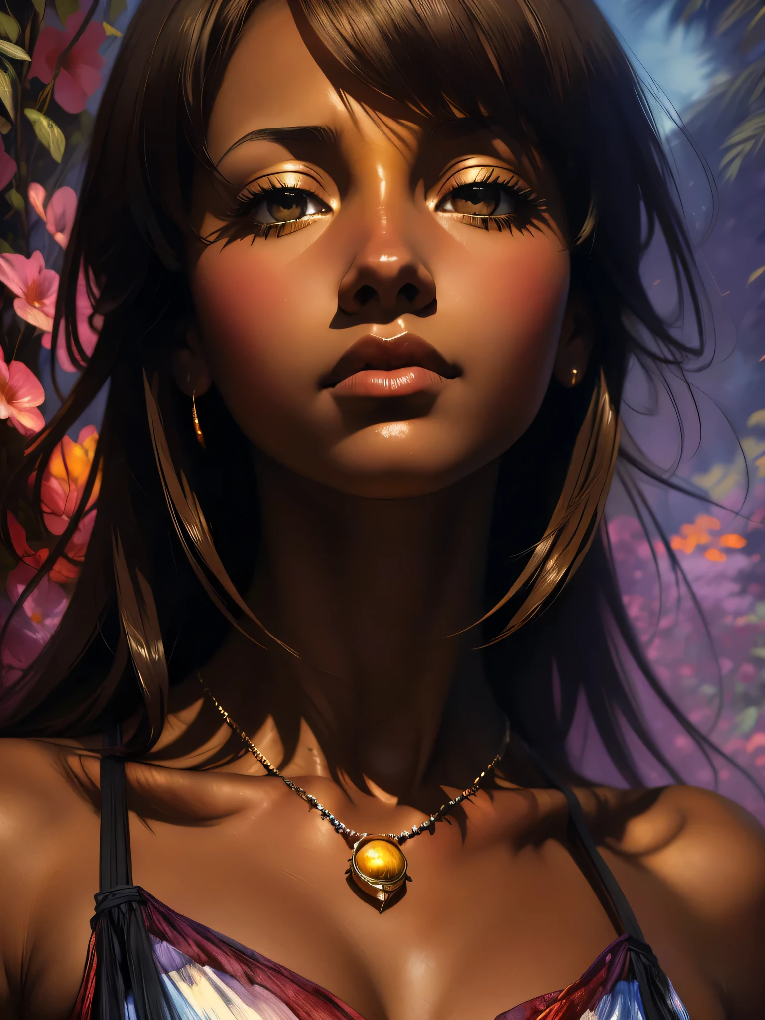 ((Solo Beautiful Carribean woman with dark skin and striking eyes)), shadowed interior background, art by akihiko yoshida, manga art style, colorfield illustration, scary atmosphere, global illumination, by frank frazetta, art by goro fujita, glamor shot, banner, blur, anime key visual, (blue, yellow and gray colors), photorealistic dramatic anime girl, intricately detailed, chiaroscuro, pino daeni, impressionist (best quality, masterpiece)