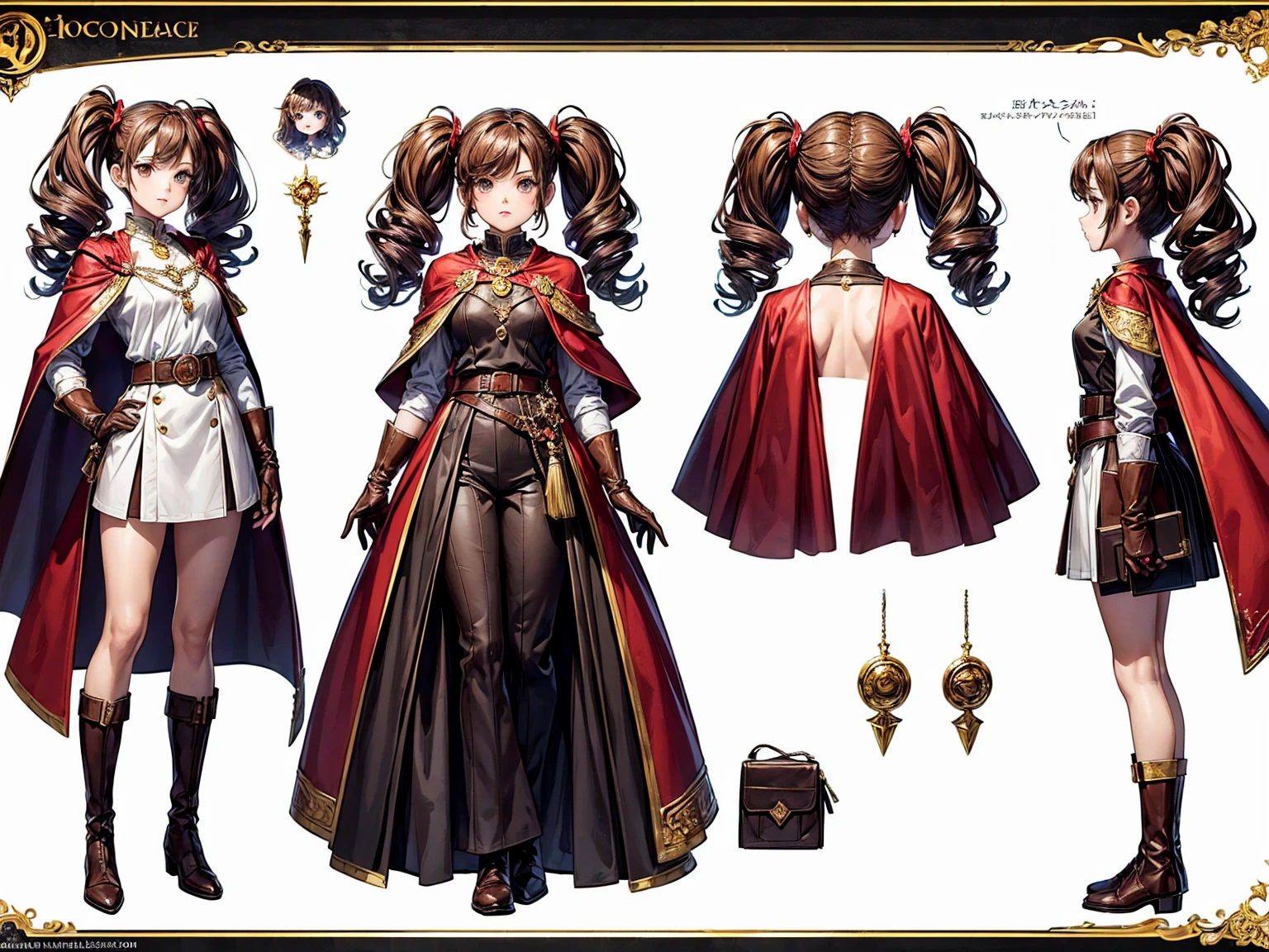 ((masterpiece)),(((best quality))),(character design sheet, same character, front, side, back), illustration, environment change scene, (simple background, white background: 1.3), (fullBody), character turnaround, Front view, Side view, Back view class, multiple views,
Female,
Apparel: Dwarf, Flat chest, curly hair,Twin tails, cute,
Aesthetic: (School, Fantasy),
Outfit: white shirt, Back shorts, brown boots, half gloves, red coat cape, belt,
Accessories: Moon necklace, Round spectacle,
Object: Spell book,