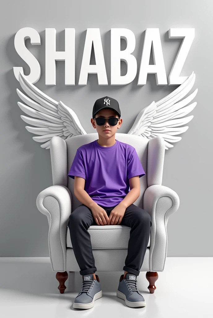 create a 3D illusion for a WhatsApp profile picture where a boy black shirt sits casually on a wingback Chair, wearing a sneakers a black cricket cap,and sunglasses,he ahead.The background features "shabaz name "in big and capital white fonts the black wall point they should not be his shadow,and there are wings to make it appear as if he is an angle