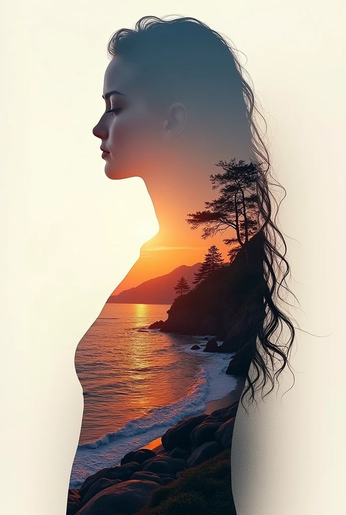 high quality, 8K Ultra HD, A beautiful double exposure that combines an goddess silhouette with sunset coast, sunset coast should serve as the underlying backdrop, with its details incorporated into the goddess , crisp lines, The background is monochrome, sharp focus, double exposure, by yukisakura, awesome full color,