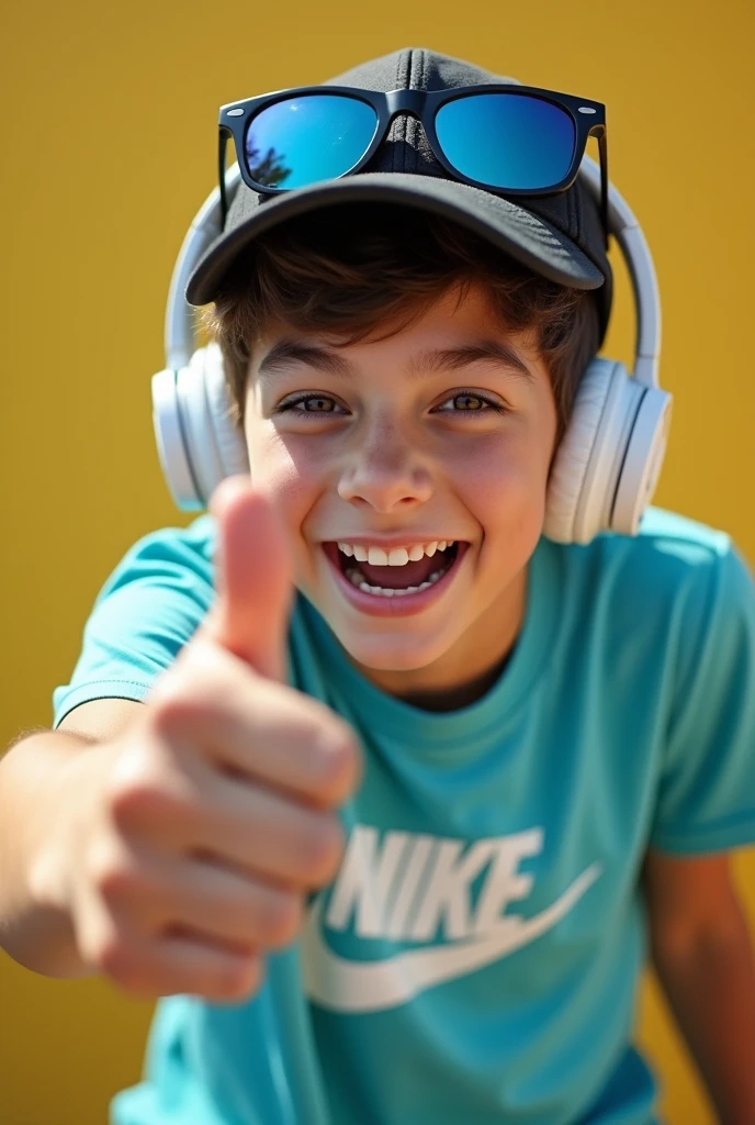 An image of a boy with headphones and a Nike shirt With a lacoste cap and sunglasses giving a thumbs up sign
