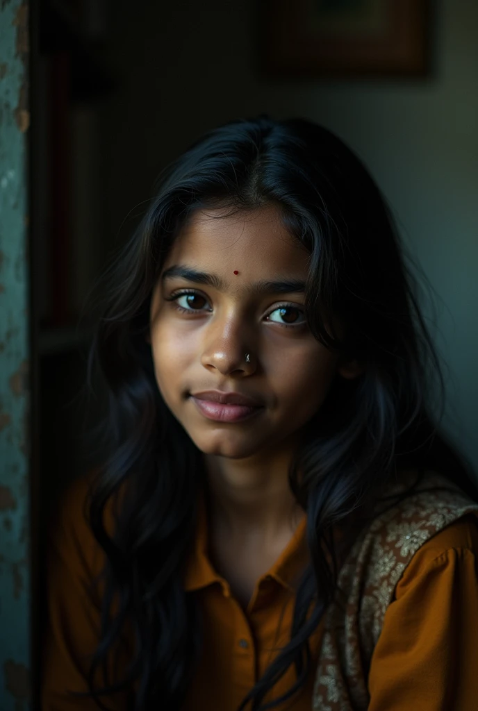 (editorial photograph of a 15 year old Indian girl wearing torned short top), (highly detailed face:1.2) (smile:0.7) (background inside dark, moody, private study:1.3) POV, by lee jeffries, nikon d850, film stock photograph ,4 kodak portra 400 ,camera f1.6 lens ,rich colors ,hyper realistic ,lifelike texture, dramatic lighting , cinestill 800,