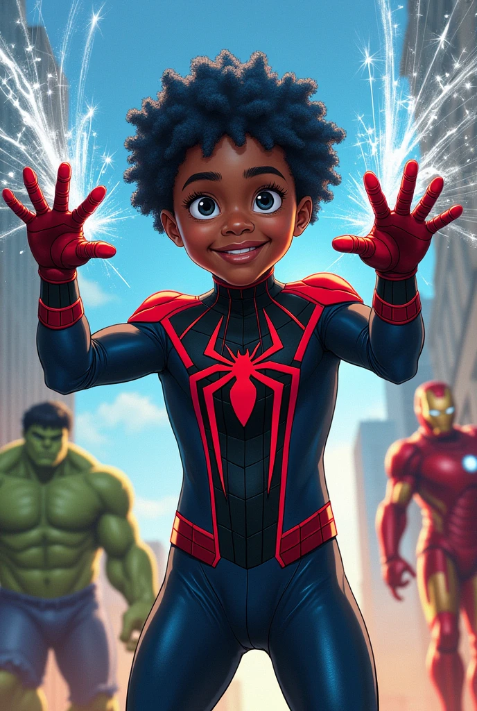 Create a Marvel Character Drawing, 6 boy, skin black, eyes black, very curly blue and short hair, dressed in the black Spider-Man costume Miles Morales, releasing cobwebs through your hands, full body and in the background buildings and the hulk and iron man