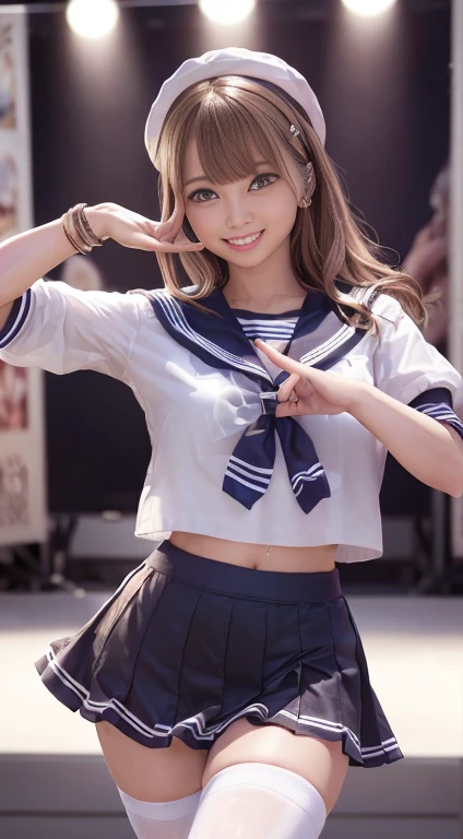 Idol,with round face,A smile that makes the viewer happy,Classroom desk in background,And windows,(((Intense dance motion:1.3))),(Big rhythmic dance with outstretched hands:1.3),(((Dance that emphasizes breasts:1.3))),(Stand up and raise one knee:1.3),Add a motion blur effect to simulate motion,(Dynamic and sexy dance poses),(bending forward:1.3),(((Schoolgirl sailor suit))),large full breasts,Disturbance of clothing due to movement,(Dark blue ruffled skirt floating with dance moves:1.3),Red ribbons,short wavy hair with shiny silver and orange stripes,disheveled hair,Floating hair,gazing at viewer,(Professional Lighting),(in 8K,masutepiece,top-quality,Ultra-high resolution output image,),(intricate detailes,),(From Image Mode to Ultra HD),Beautiful hands,Beautiful fingers,Detailed finger features,detailed clothes features,Detailed hair features,detailed facial features,
