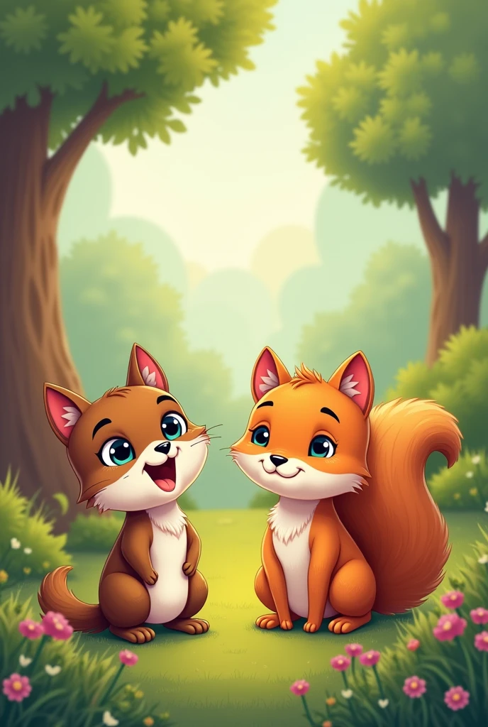 A CARTOON CAT AND A SQUIRREL WITH MANY ANIMAL FRIENDS