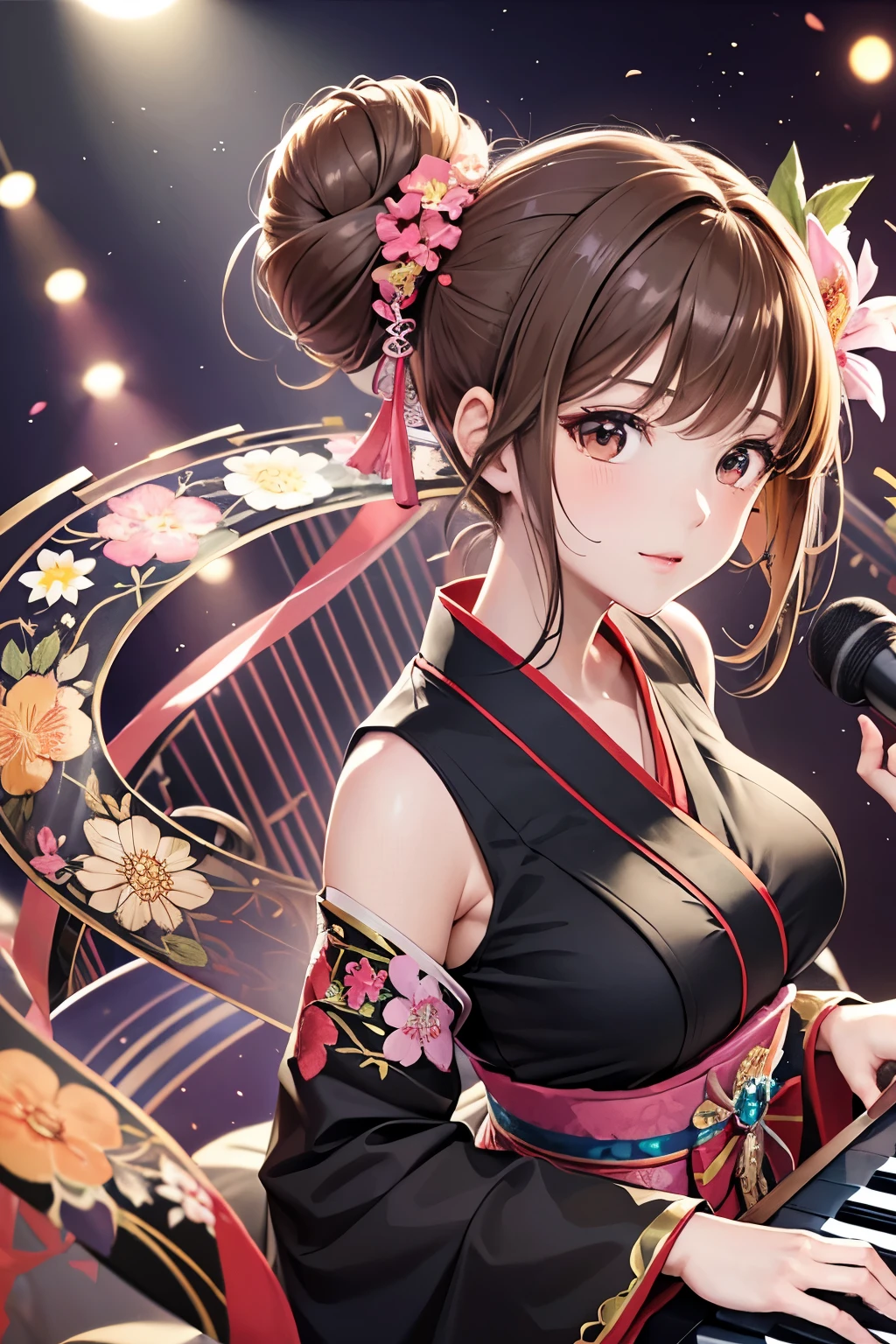 Top quality, ample limbs, perfect fingers, slender beauty, twin-tailed bun hairstyle, brown hair, Deresute, A costume of Floral haori and minihakama with a flashy pattern,Band instrumentskeyboard, beautiful large breasts, live stage, Playing Band InstrumentsKeyboard
