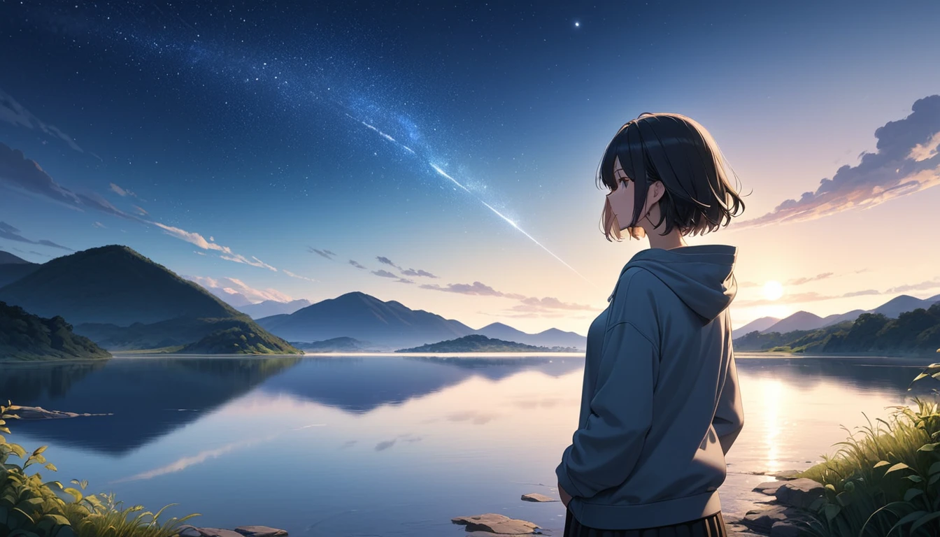 Starry Sky、One woman、Black Hair、Short Hair、Hair swaying in the wind、profile、Wearing a hoodie、Back view、Full body portrait、Overlooking a huge lake