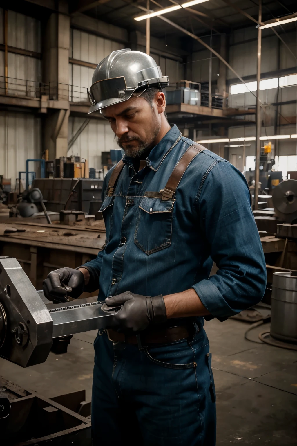 [Core Concept] A skilled metalworker stands by a powerful metal bending machine, expertly manipulating sheets of gleaming steel into intricate, angular shapes.

[Character Description] The worker, clad in a rugged denim outfit and protective gear, exudes a sense of focused determination as he operates the machine, his hands deftly guiding the metal through the rollers.

[Environment/Background] The scene is set within the bustling confines of an industrial factory, the air thick with the scent of metal and the rhythmic hum of machinery.

[Style and Atmosphere] The atmosphere is one of productive energy, with a utilitarian aesthetic that emphasizes the raw power and precision of the metalworking process.

[Composition] The composition frames the worker at the center, surrounded by the looming presence of the metal bending machine and the sheets of steel being transformed within it.

[Details and Embellishments] Sparks occasionally fly as the metal is bent, and the worker's expression is one of intense focus, his brow furrowed in concentration as he manipulates the controls.

[Technical Specifications] The scene captures the intricate and technical nature of the metalworking process, with the metal bending machine and the sheets of steel serving as the primary visual elements.