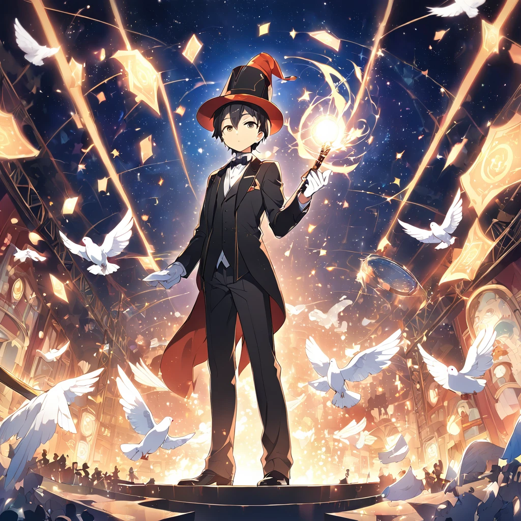 A young man，His profession is a magician，Wearing a black tuxedo，Wear a magic hat on your head，Wearing white gloves，Hold a magic cane，Perform magic tricks on stage，There is a white dove standing on his hat.。Mid-ground composition，Full body pictures，Anime illustration style，HD，4K。
