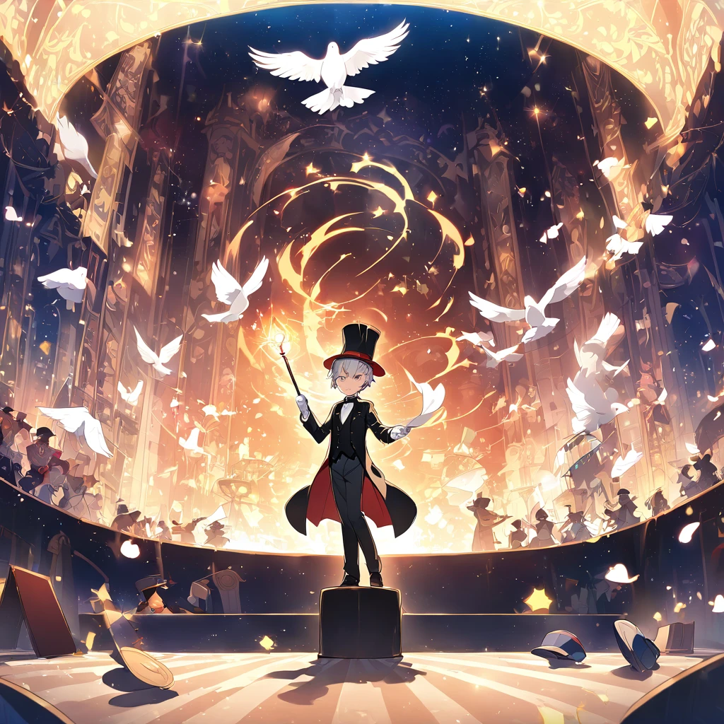 A young man,His profession is a magician,Wearing a black tuxedo,Wear a magic hat on your head,Wearing white gloves,Hold a magic cane,Perform magic tricks on stage,There is a white dove standing on his hat.。Mid-ground composition,Full body pictures,Anime illustration style,HD,4K。