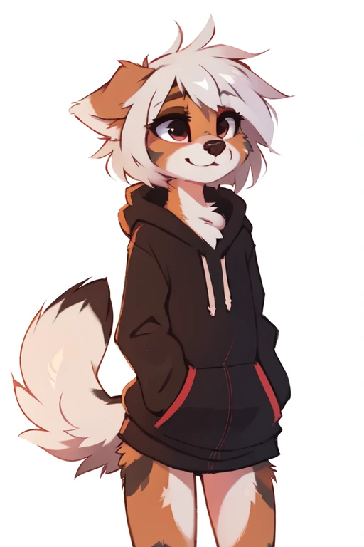 (((White background, no background))), High quality, 8K, by kenket, by swaybat, by reysi, by Zackary911, by hyattlen, by teranen, by fumiko, by Pixelsketcher, by Bayard Wu, by Einshelm, by Kilinah, by Hioshiru, by fluff-kevlar, by Dimwitdog, Furry, Anthro, solo, ((australian shepard)), ((female)), ((young)), fluffy tail, ((slender)), ((short white hair)), chest fluff, short, small breasts, pink panties, oversized long hoodie