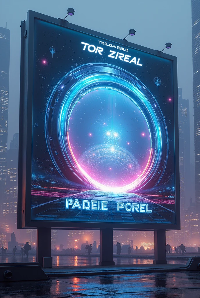 A billboard for a parallel universe portal named Tor Zireal, make it look futuristic and dynamic
