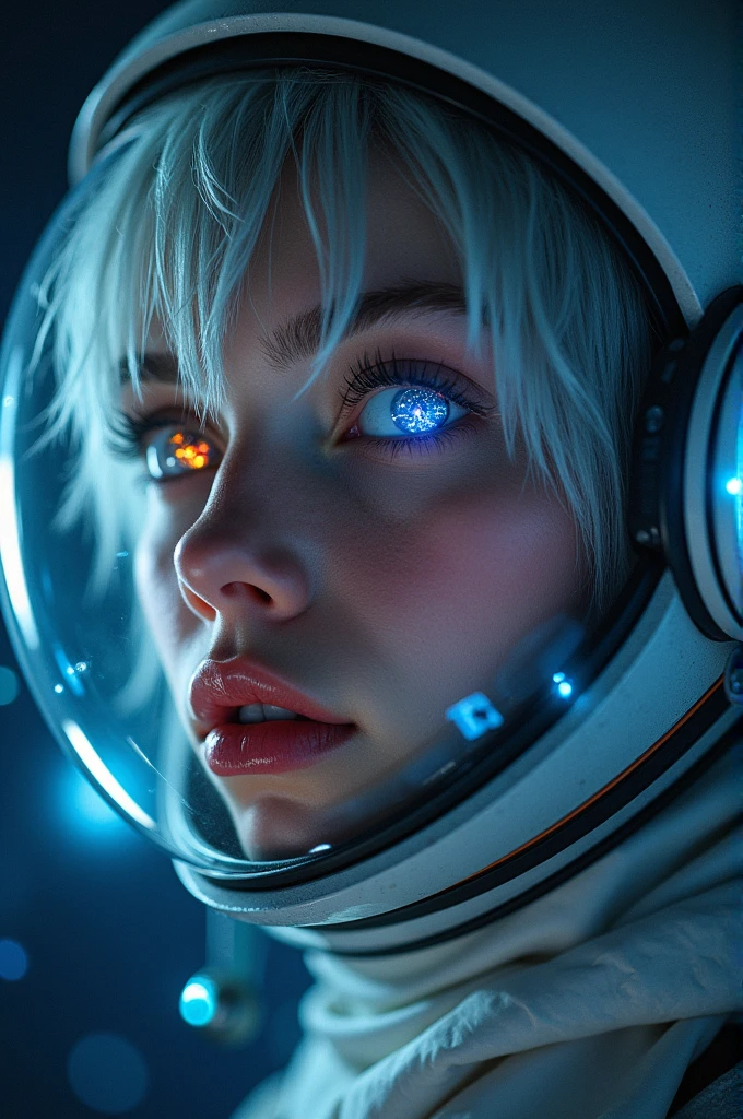 (Close-up of a better masterpiece:1.5)0.9], (Space and astronauts:1.2) (Messy silver hair:1.1) (Heterochromia xanthochromia and blue eyes:1.2) (Space Helmet:1.0) (Colored stars in the eyes:1.0) (A radiant glow:1.1) (thick lips:0.9)