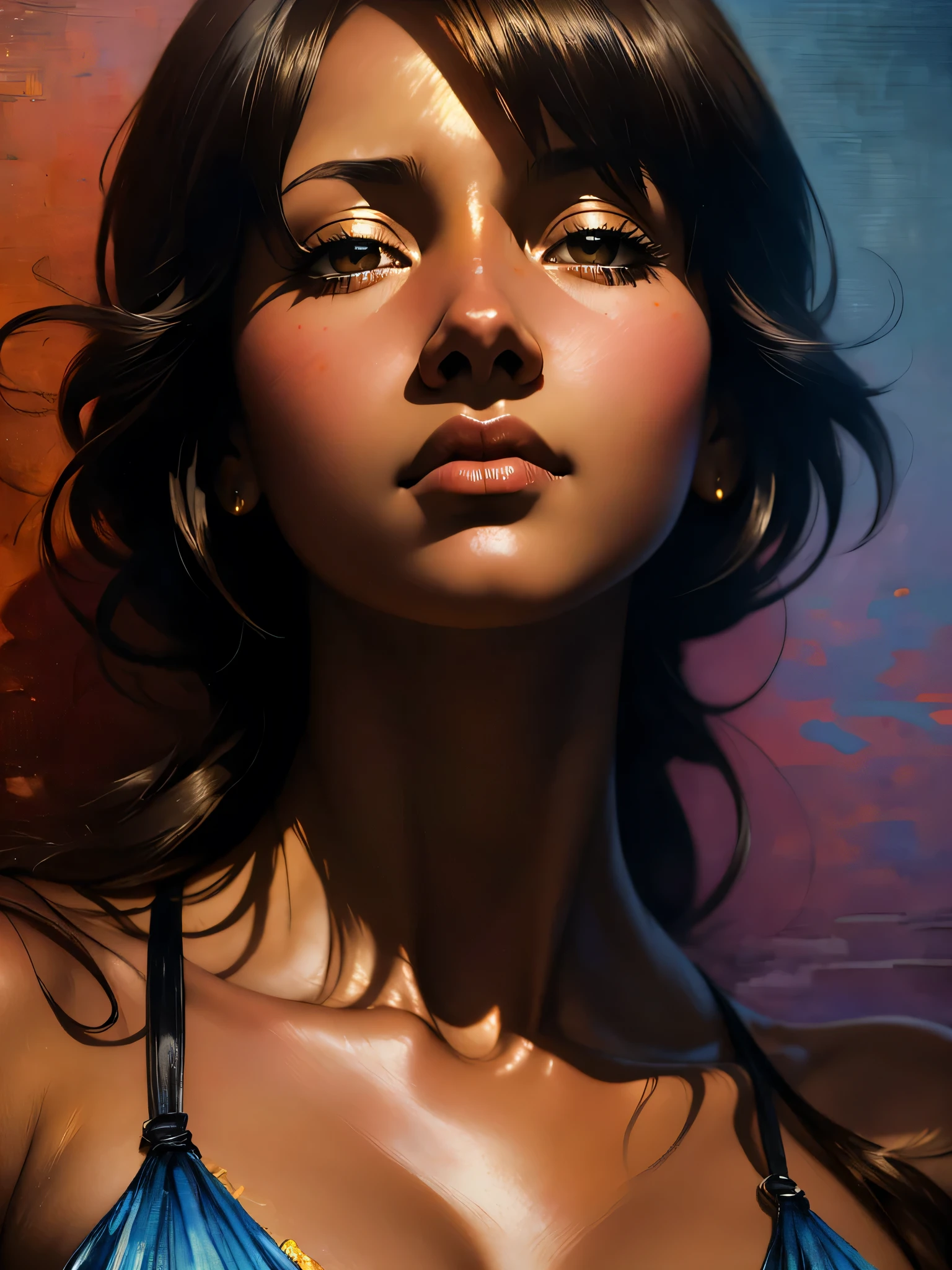 ((Solo Beautiful Carribean woman with dark skin and striking eyes)),  shadowed interior background, art by akihiko yoshida, manga art style, colorfield illustration, scary atmosphere, global illumination, by frank frazetta, art by goro fujita, glamor shot, banner, blur, anime key visual, (blue, yellow and gray colors), photorealistic dramatic anime girl, intricately detailed, chiaroscuro, pino daeni, impressionist (best quality, masterpiece)