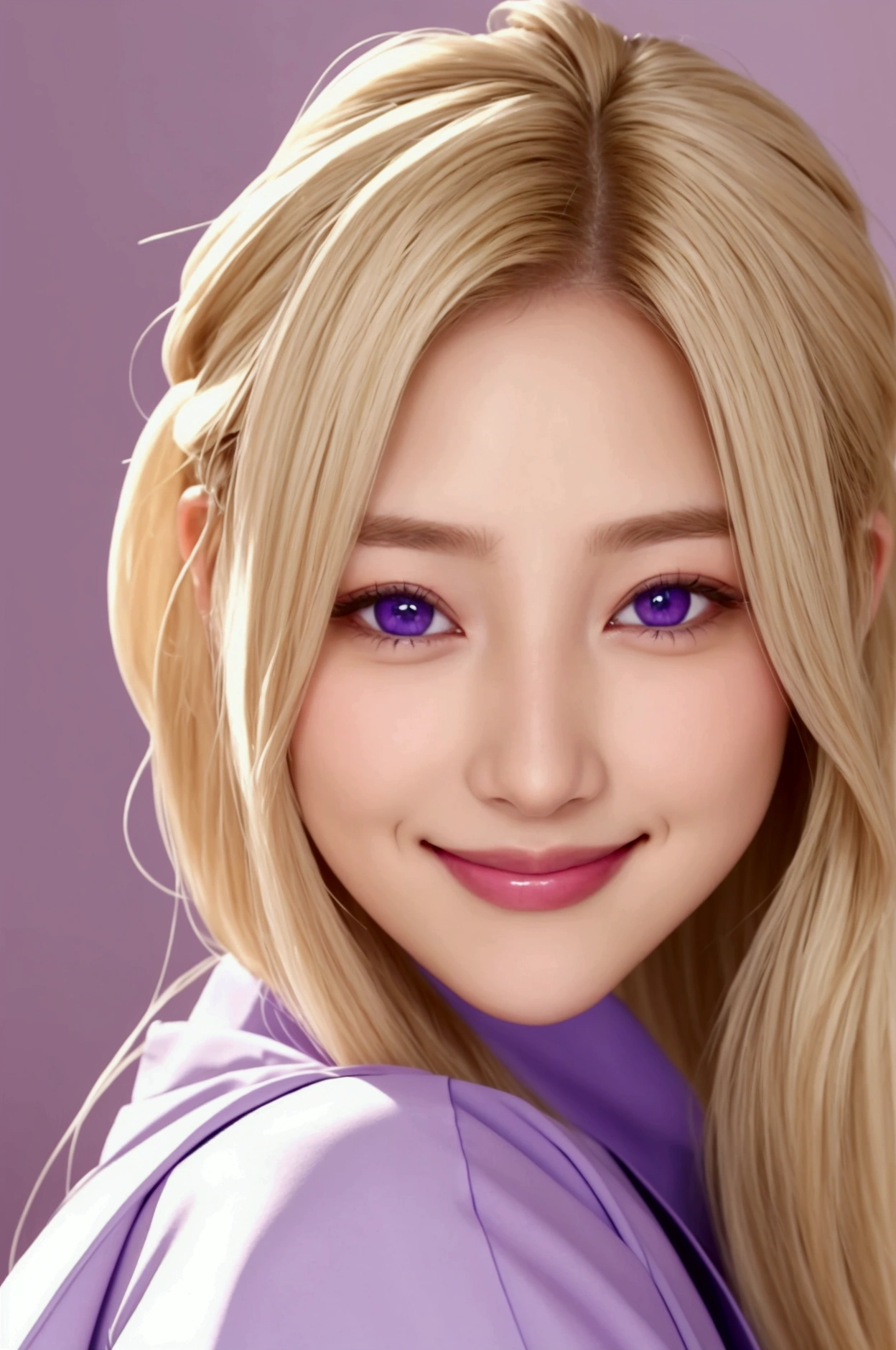 housekeeper, hair blonde, purples eyes, smiling