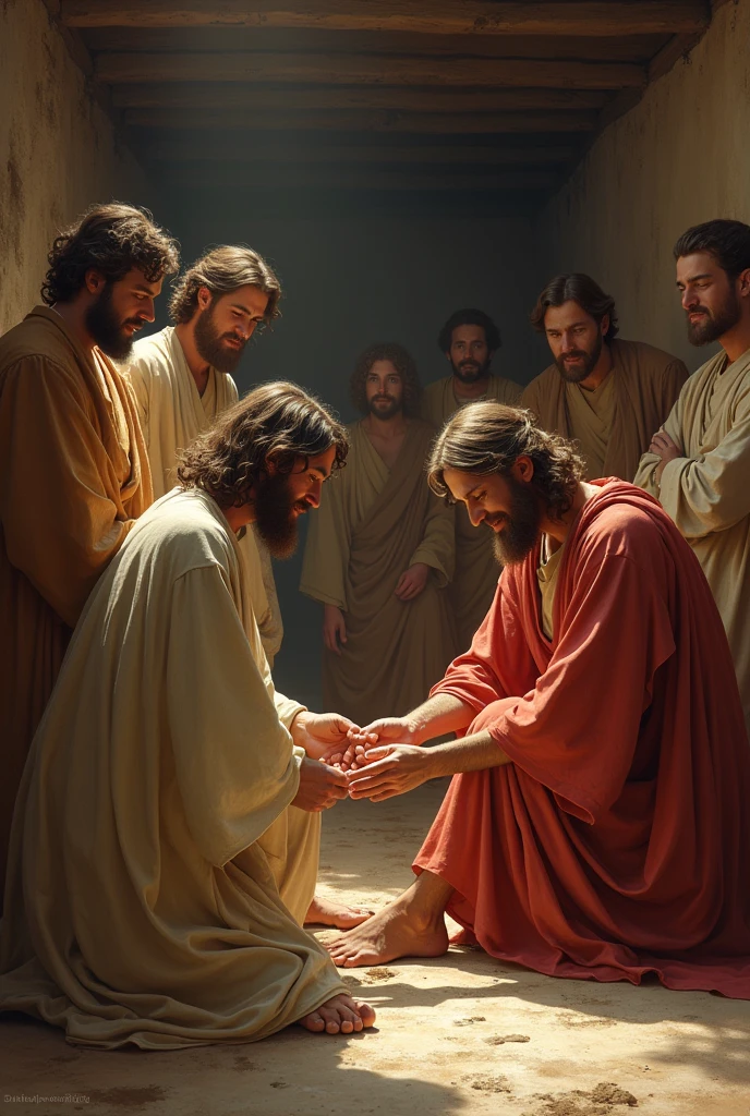 Jesus christ washing his disciples feet, in a house