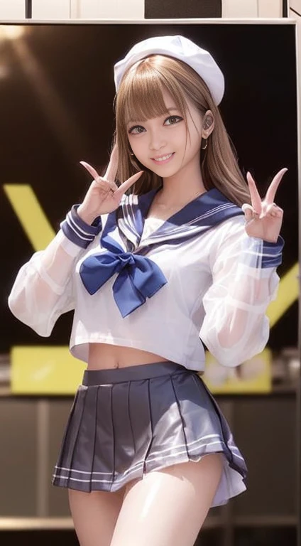 (RAW Photos、Highest quality)、(Realistic、Photorealistic:1.3)、Highest quality、masterpiece、Very delicate and beautiful、A hVery detailed、Hmph、Sense of unity、2k wallpaper、growing up、Beautiful in every detail、masterpiece、light smile、Highest quality、HVery detailed ticker Unity 8K wallpapers、Large file size、Very detailedな、High resolution、Very detailed、19 years old、((smile:1.0))、((sweating))、((The clothes are translucent:1.4))、(Metallic colour base)、((Sailor style tight mini skirt:1.4))、(Navel exposed)、(Sailor Hat)、Very cute girl、Part of an idol group、(((Dancing at concerts)))、Make a peace sign with your right hand and salute、Hair is moving、Spotlight、Professional Lighting、Cinematic Light、3D、Looking at the camera、(((A huge monitor stage is set up in the background...、We can see ourselves there)))、Adding movement to a pose