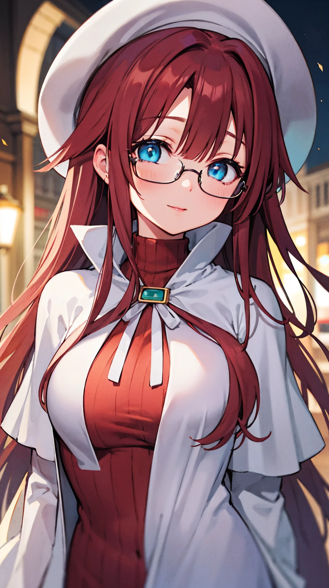 summonnightaty, aty, (young:1.3),long hair, blue eyes, red hair, big_tits, hat, glasses, BREAK long hair,, hat, dress,glasses, cape, sweater, beret,ribbed sweater,,solo, BREAK outdoors, fantasy, BREAK (masterpiece:1.2), best quality, high resolution, unity 8k wallpaper, (illustration:0.8), (beautiful detailed eyes:1.6), extremely detailed face, perfect lighting, extremely detailed CG, perfect anatomy),covered_nipples,half_eyes,sleepy_eyes,red_sweater,magical_effect,,Smile,closed_mouth,solo,in_modern_town_landscape,night_sky,solo,portrait,bust up,looking_viewer,shiny_lips,blush