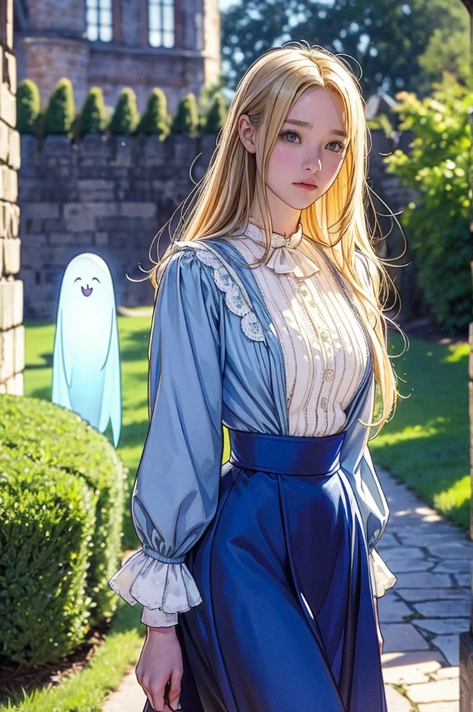 Virginia Otis,  (Blonde, blue eyes), Large Breasts, thin, Cute Face, An evening stroll at Canterville Castle (novel「ghost of canterville」Inspired by). 1887, Victorian Dark Fantasy