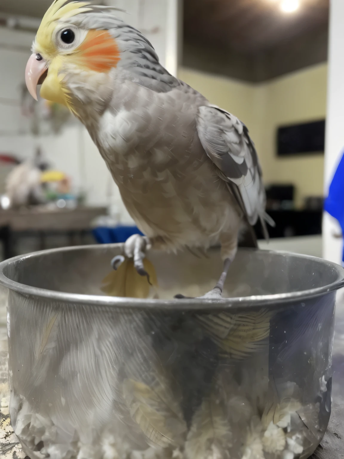 Center the cockatiel in the middle and make the feathers softly yellow with a stronger yellow and blur the background