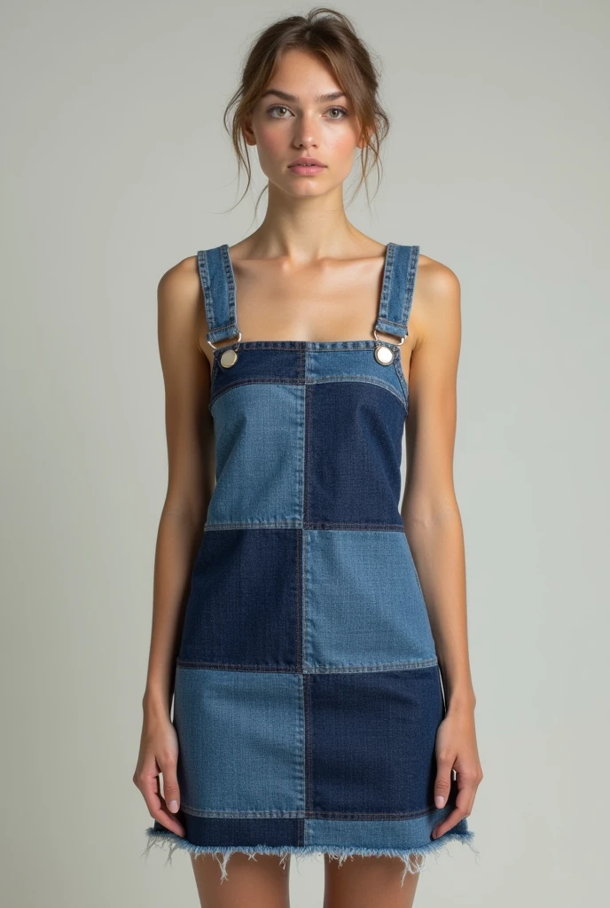 I want an image of a short dress with straps made of recycled denim with squares 