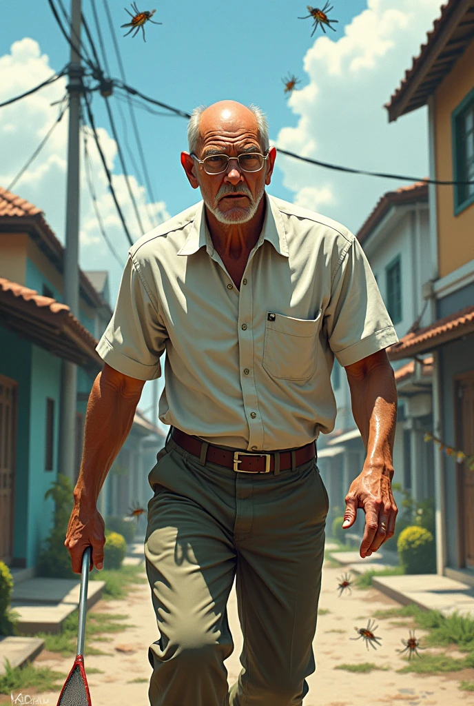 Create art of a bald man, 62 years, wearing glasses killing dengue mosquitoes and running for councilor