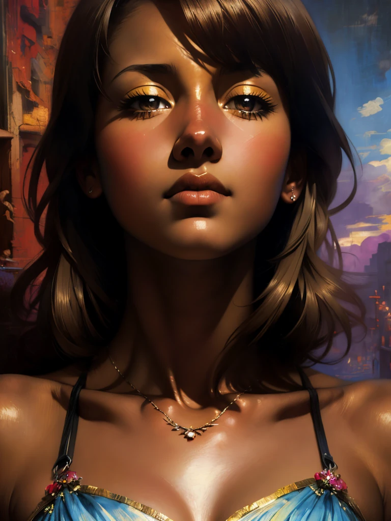 ((Solo Beautiful Carribean woman with dark skin and striking eyes)),  shadowed interior background, art by akihiko yoshida, manga art style, colorfield illustration, scary atmosphere, global illumination, by frank frazetta, art by goro fujita, glamor shot, banner, blur, anime key visual, (blue, yellow and gray colors), photorealistic dramatic anime girl, intricately detailed, chiaroscuro, pino daeni, impressionist (best quality, masterpiece)