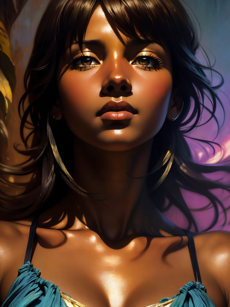 ((Solo Beautiful Carribean woman with dark skin and striking eyes)), shadowed interior background, art by akihiko yoshida, manga art style, colorfield illustration, scary atmosphere, global illumination, by frank frazetta, art by goro fujita, glamor shot, banner, blur, anime key visual, (blue, yellow and gray colors), photorealistic dramatic anime girl, intricately detailed, chiaroscuro, pino daeni, impressionist (best quality, masterpiece)