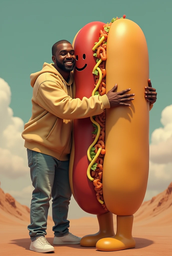 Kanye West hugging a giant hot dog
