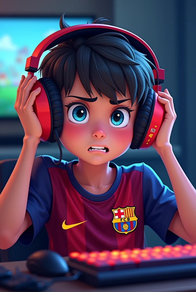 A gamer boy with super happy gamer headphones, a little fed up with the Barcelona shirt