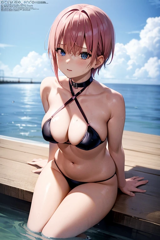 NSFW, masterpiece, best quality, (colorful), (delicate eyes and face), volumetric light, ray tracing, extremely detailed CG unity 8k wallpaper, full body, ramchi, hair over one eye, maid, nude, big breasts, purple ribbon, looking at viewer, cowboy shot, smile, happy,  from below, captivating pose, in water
