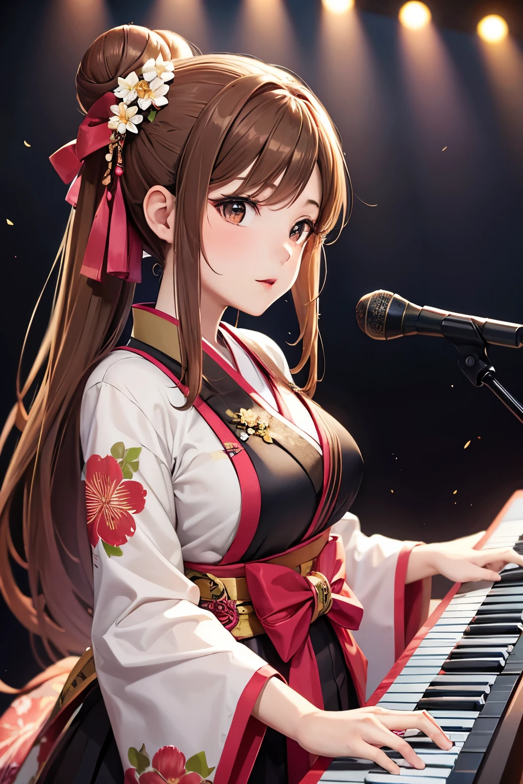 Top quality, ample limbs, perfect fingers, slender beauty, twin-tailed bun hairstyle, brown hair, Deresute, A costume of Floral haori and minihakama with a flashy pattern,Band instrumentskeyboard, beautiful large breasts, live stage, Playing Band InstrumentsKeyboard