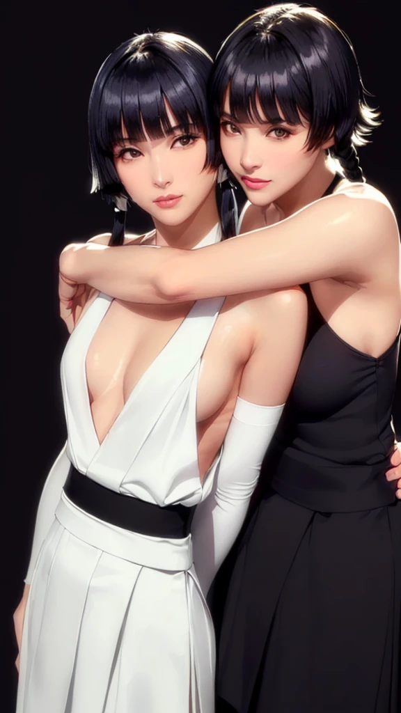 (((Perfect body,White and tender skin,(((japanese clothes, sideboob,Black top, Gold belt, black sleeves, black Japanese pants ))),(((sui-feng, short hair, short hair with long locks,Black hair))),((masterpiece)),high resolution, ((Best quality at best)),masterpiece,quality,Best quality,((( Exquisite facial features,Looking at the audience,There is light in the eyes,Smile))),Two Women,Embrace))),(((Light and shadow,Small chest,))),(((Looking at the camera,black background,)))),