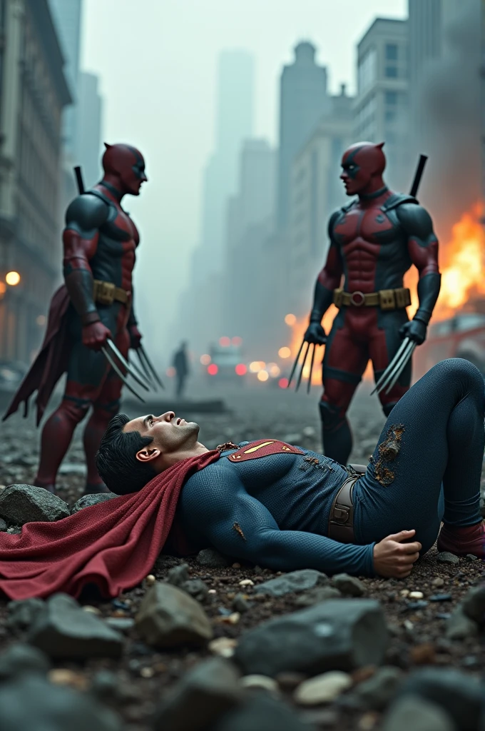 Superman Unconscious in a Crater: After the explosion, Superman lies unconscious in a large smoking crater, his suit damaged and cape torn. Deadpool and Wolverine stand nearby, exhausted but victorious, with the ruins of Gotham City surrounding them and emergency sirens in the distance. A hyper realistic, cinematic, full body display of persons, head to foot show, Cinematic pose, side pose, Photographic pose, different angle, Ultra hd, photorealistic.