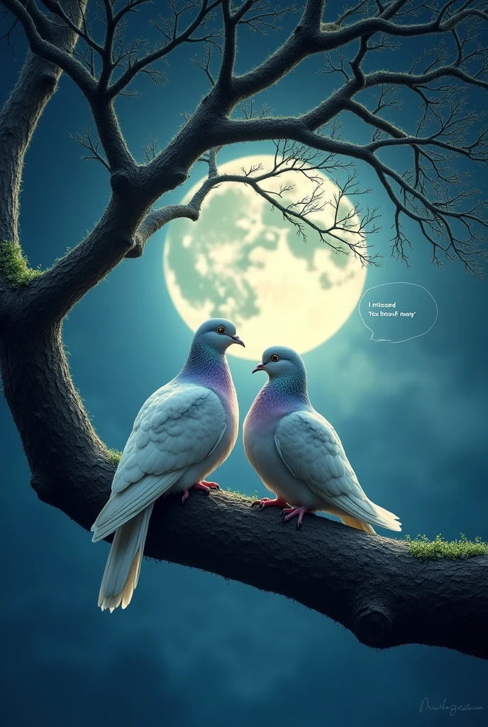 Moonlit Confession, 2 Doves sitting on a branch of a majestic tree under moonlight, talking bubble on left says "I missed you honey", talking bubble on the right says "but i dont"