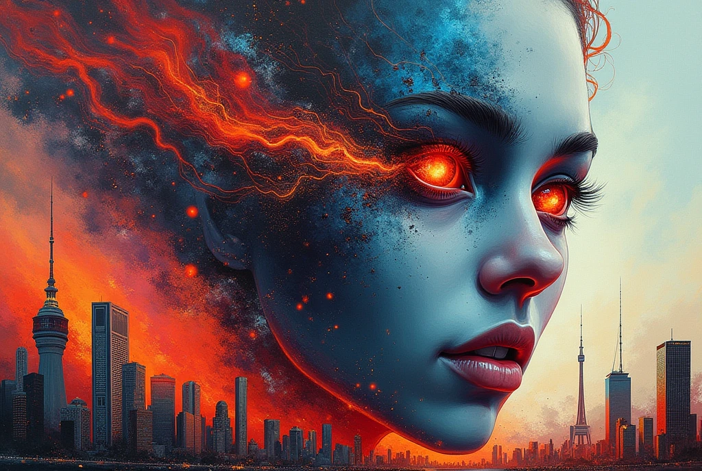 Abstract face in a city landscape, Mark English (Mark English) A realistic painting of , [:Anime Line Art:0.2], Celestial Bodies、hot、thunder、Water Theme, Epic splash art , The Art of Self-Destruction, , Abstract
