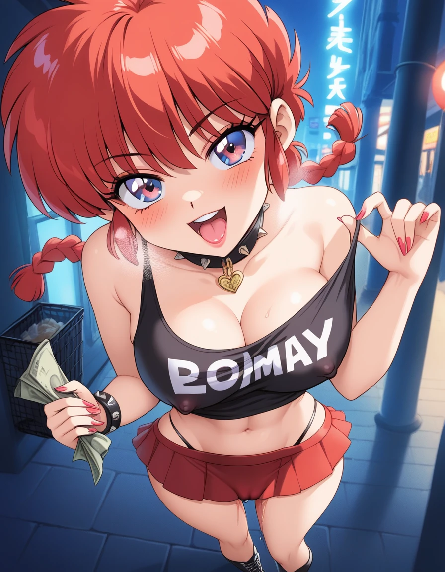 1girl, background, (ranma-chan), blush, red hair, medium breasts, tomboy, one short pigtail, nighttime, hot breath, open mouth, dimmed lighting, standing, city, big ass, wide hips, toned body, wearing slutty prostitute outfit, micro skirt, midriff, prostitute, purple eyeshadow, (detailed fingers), thong peek, no bra, 5 fingers, red light, neon light billboards, red-light district, nipple bulge, microkini top, pussy juice, (artist: conder), (cameltoe), close to viewer, girl looking up at viewer, grinning, (girl inviting viewer to fuck her), view from above, slutty, prostitute, long eyelashes, deep cleavage, whore, prostitute, bimbo, (5 fingers and one thumb), (breastlift), breast grab,