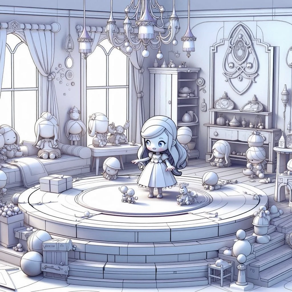 Create a fantasy illustration with watercolor technique, of a playing happily in her room with her dolls. the drawing should look like the comics. the illustration should look minimalist. Let the strokes be organic, imperfect as if a human had made them. Make the contour lines of the drawing as fine and thin as possible..