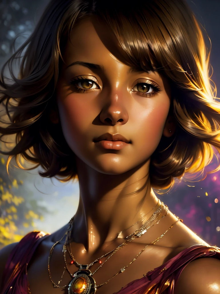 ((Solo Beautiful Carribean woman with dark skin and striking eyes)),  shadowed interior background, art by akihiko yoshida, manga art style, colorfield illustration, scary atmosphere, global illumination, by frank frazetta, art by goro fujita, glamor shot, banner, blur, anime key visual, (blue, yellow and gray colors), photorealistic dramatic anime girl, intricately detailed, chiaroscuro, pino daeni, impressionist (best quality, masterpiece)