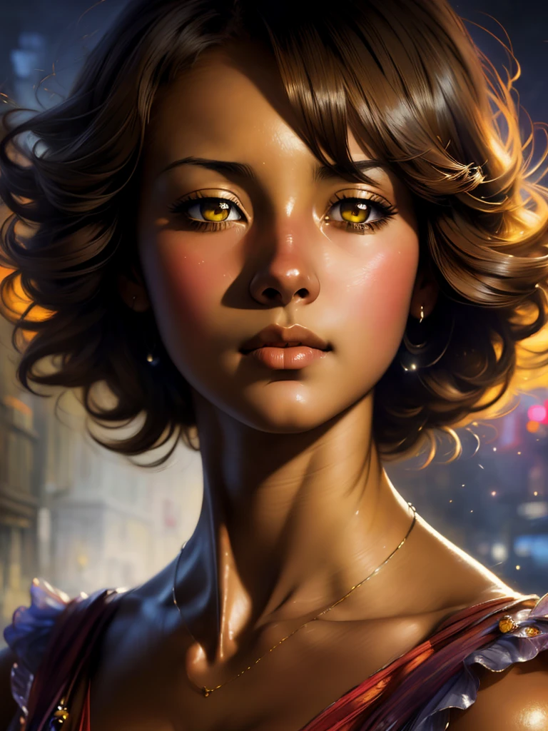 ((Solo Beautiful Carribean woman with dark skin and striking eyes)), shadowed interior background, art by akihiko yoshida, manga art style, colorfield illustration, scary atmosphere, global illumination, by frank frazetta, art by goro fujita, glamor shot, banner, blur, anime key visual, (blue, yellow and gray colors), photorealistic dramatic anime girl, intricately detailed, chiaroscuro, pino daeni, impressionist (best quality, masterpiece)