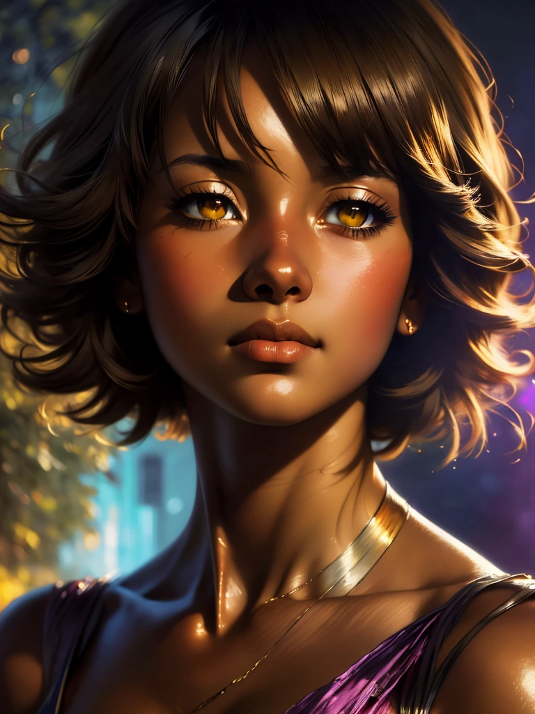 ((Solo Beautiful Carribean woman with dark skin and striking eyes)), shadowed interior background, art by akihiko yoshida, manga art style, colorfield illustration, scary atmosphere, global illumination, by frank frazetta, art by goro fujita, glamor shot, banner, blur, anime key visual, (blue, yellow and gray colors), photorealistic dramatic anime girl, intricately detailed, chiaroscuro, pino daeni, impressionist (best quality, masterpiece)