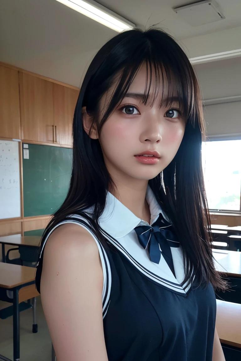 (Highest quality:1.4),(masterpiece:1.4),(Realistic:1.4),(Realistic:1.2),(超High resolution, RAW Photos:1.4),(High resolution, Ultra-detailed:1.2),(8k:1.2),Cinematic photography,a photo of a dark-haired,One girl,alone,Wearing school uniform,((Japanese Classroom))、((Upper Body:1.3))