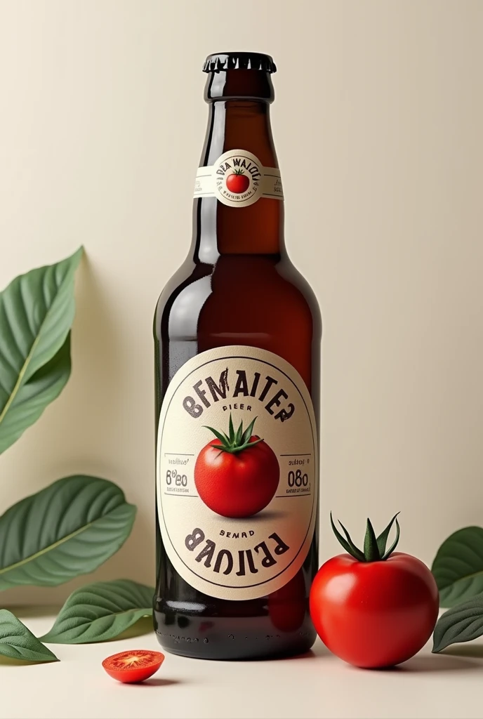 I want to create an image of a liter beer transparent bottle black beer lid and label tomato on the label say papa walter beer at the bottom of the label 6 degrees of alcohol