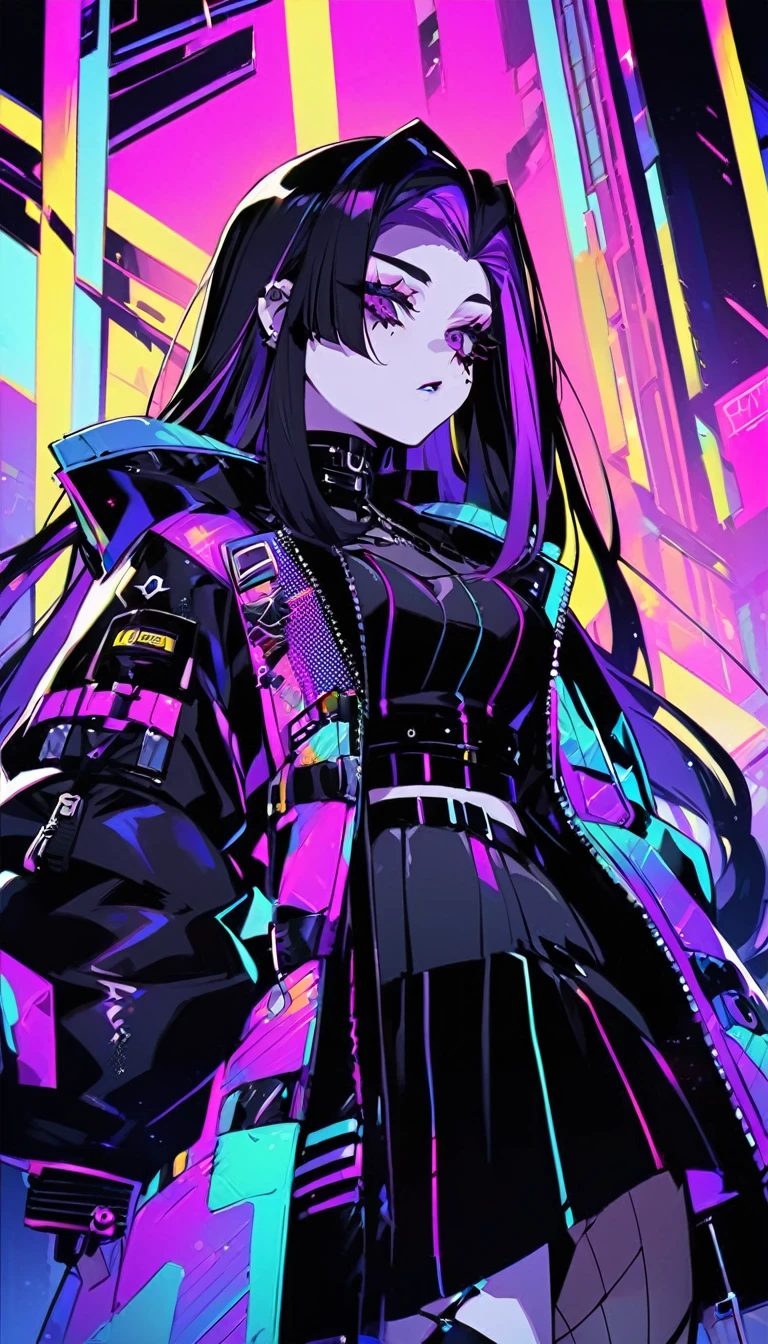 very tired goth woman, 2077 style, beautiful, beautiful background, beautiful woman, cyber pop style