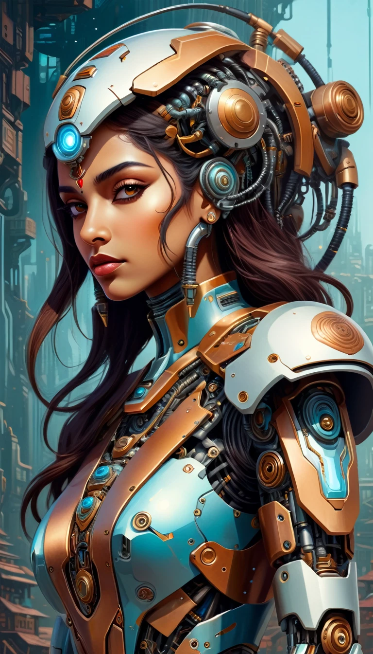 Intricate illustration in surrealist art style，mecha girl，Indian woman, Indian style cyborg, full background