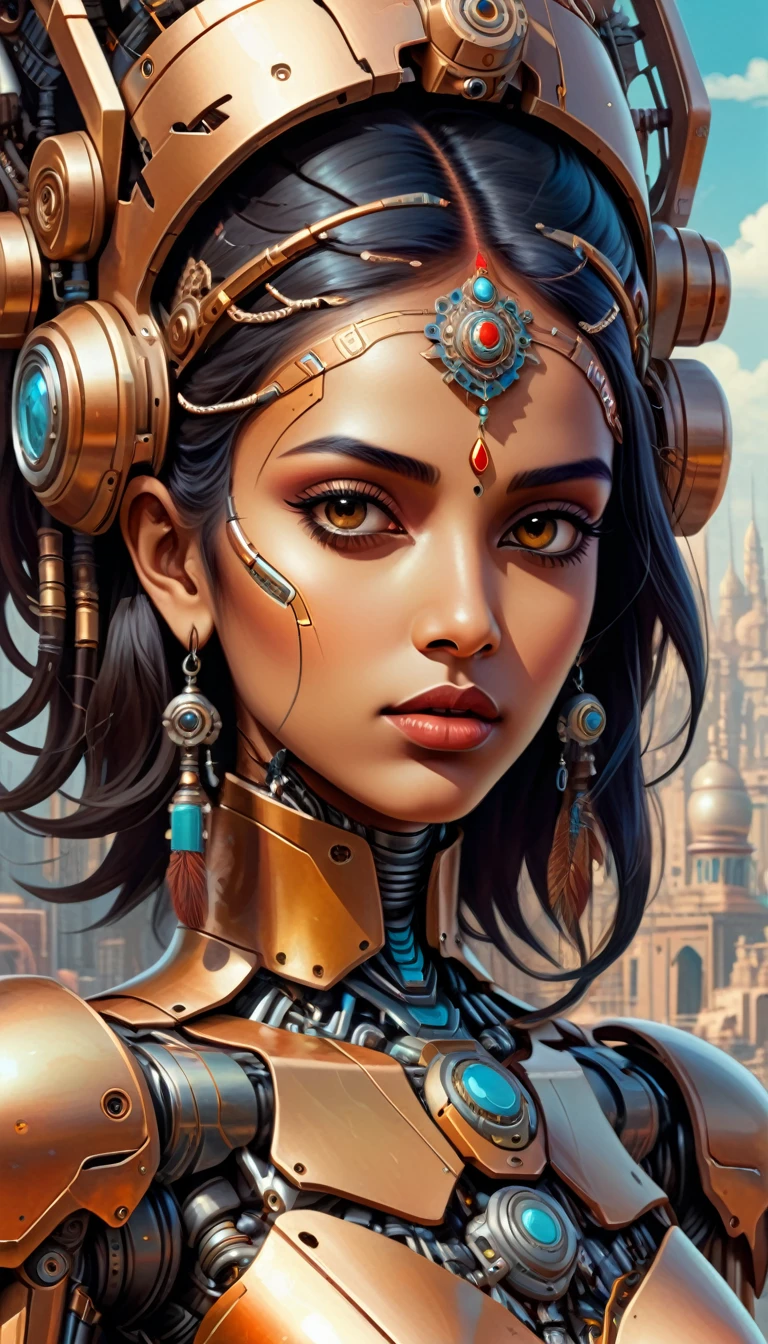 Intricate illustration in surrealist art style,mecha girl,Indian woman, Indian style cyborg, full background