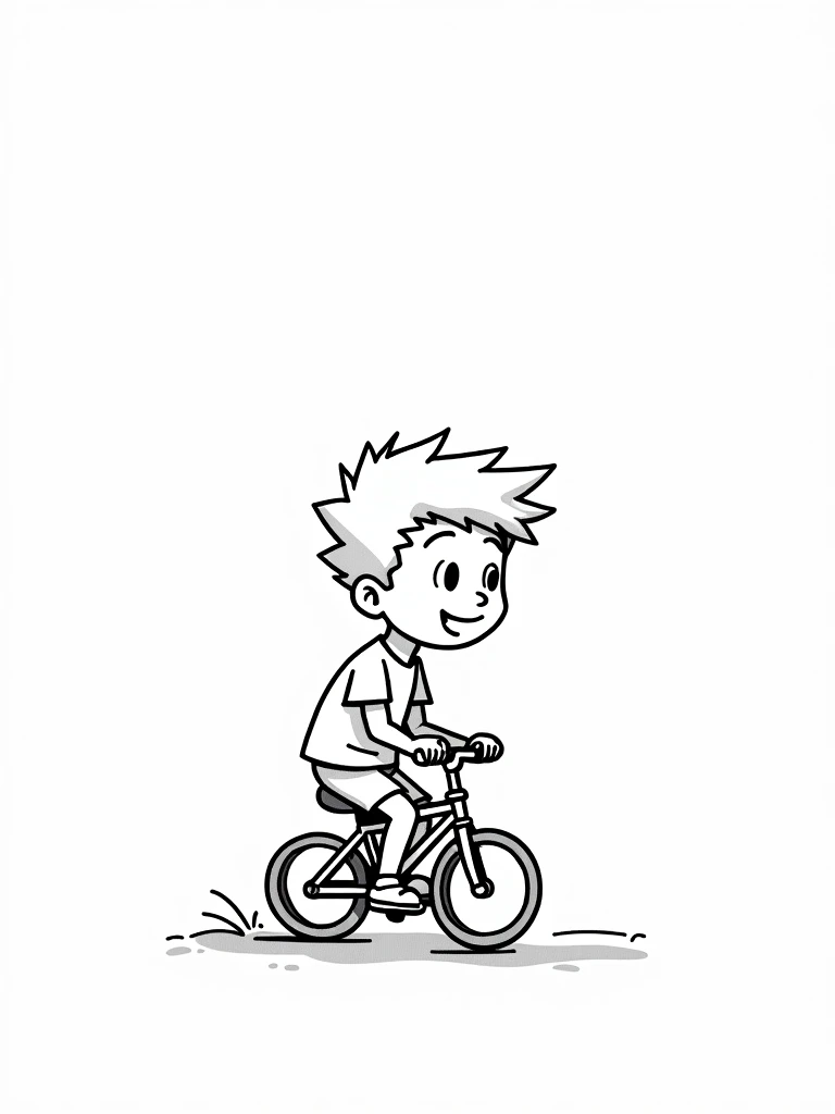 The illustration should be in [SUPER SIMPLE], black and white, cold line art with a clear, mostly empty background. [INCLUDES ONLY OUTLINES WITH NO FILLED IN BLACK AREAS], ensuring no shading, no complex images, and making it very easy to color in between the lines. A playful boy with spiky hair, wearing a t-shirt and shorts, riding a small bicycle.