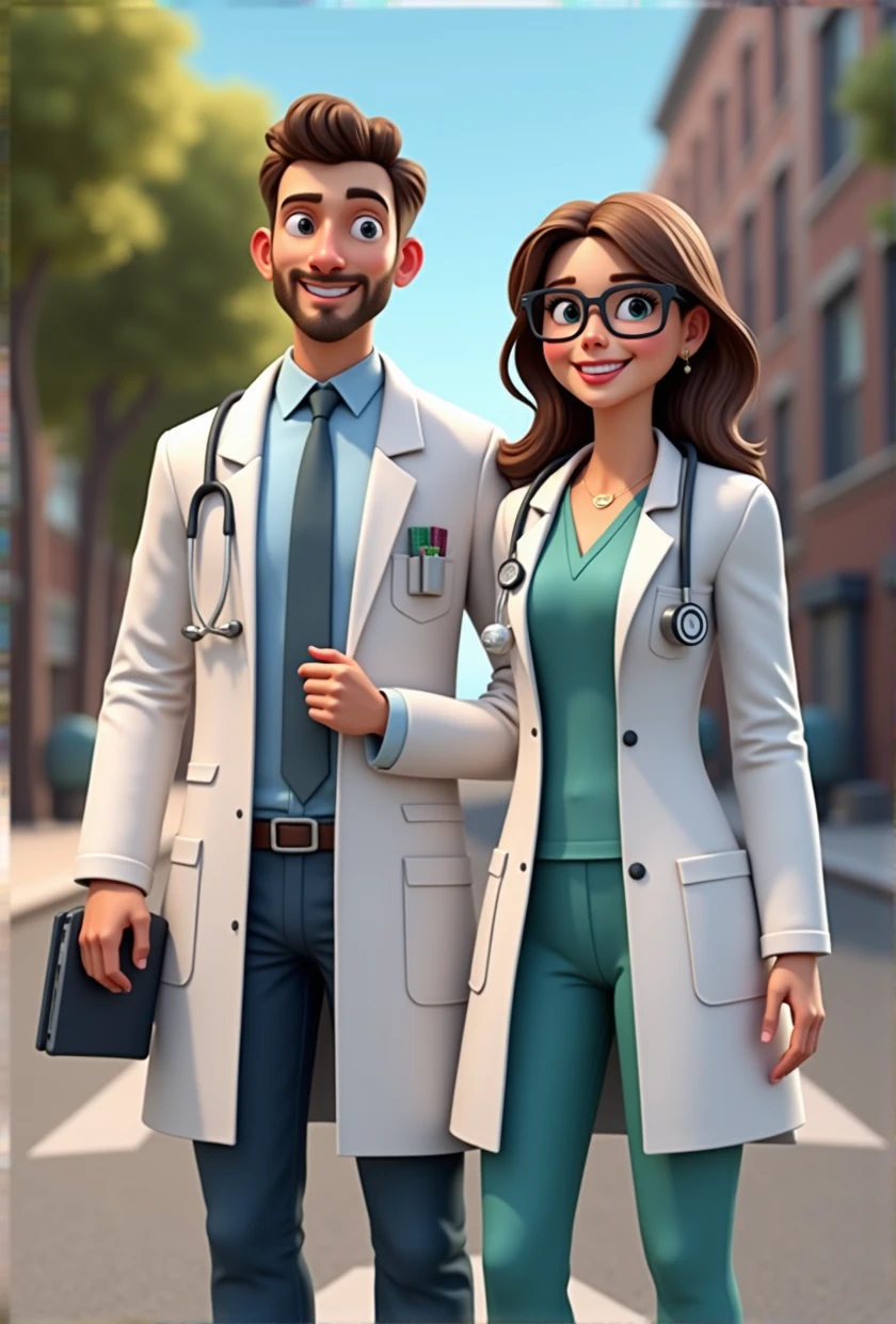 male with brown hair holding big tv monitor and female doctor standing next to each other, medical doctor, doctor, labcoats, wearing a labcoat, medium shot of two characters, wearing lab coat, wearing lab coat and glasses, wearing a lab coat, wearing a white lab coat, labcoat, wearing lab coat and a blouse, lab coat, medicine, 3d characters